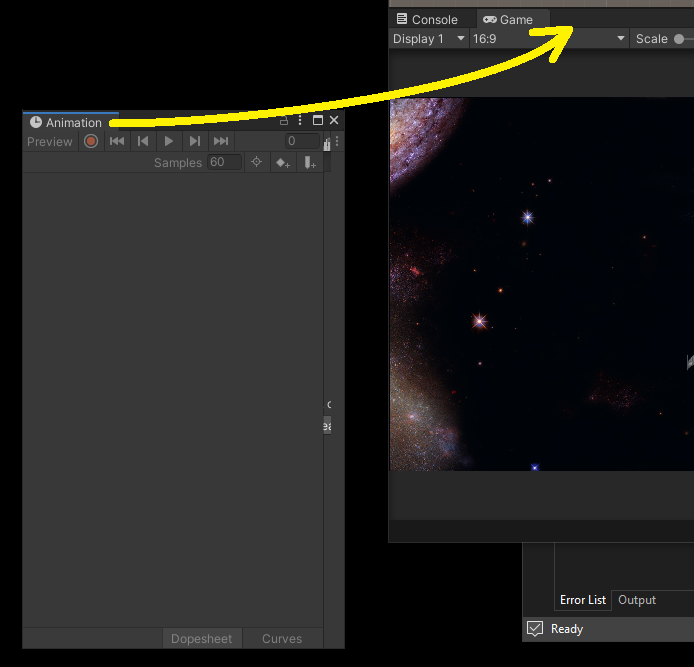Dock the Animation pane with the Console and Game panes